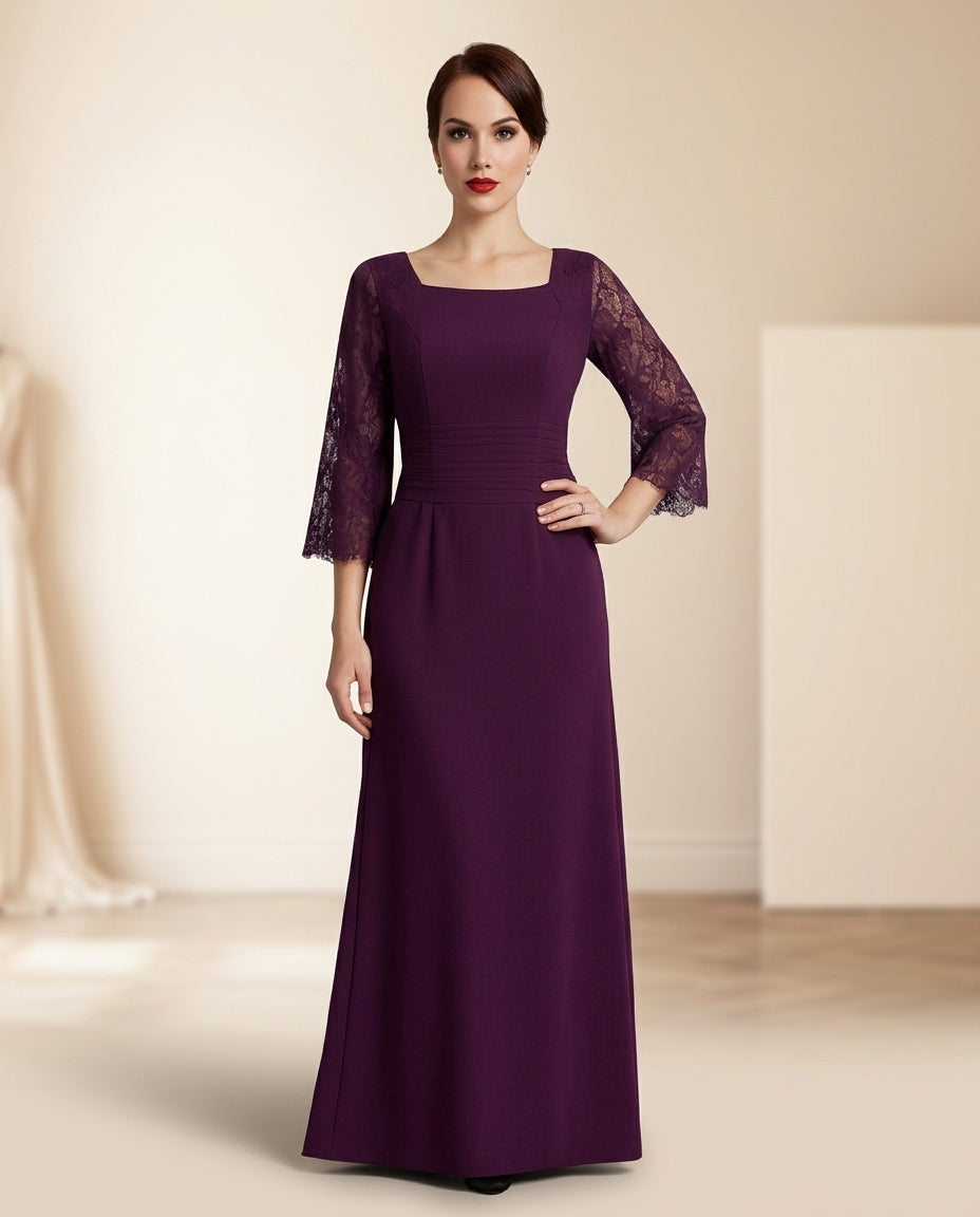 Vestido de fiesta Melania con mangas largas en elegante  encaje y corte drapeado en la cintura