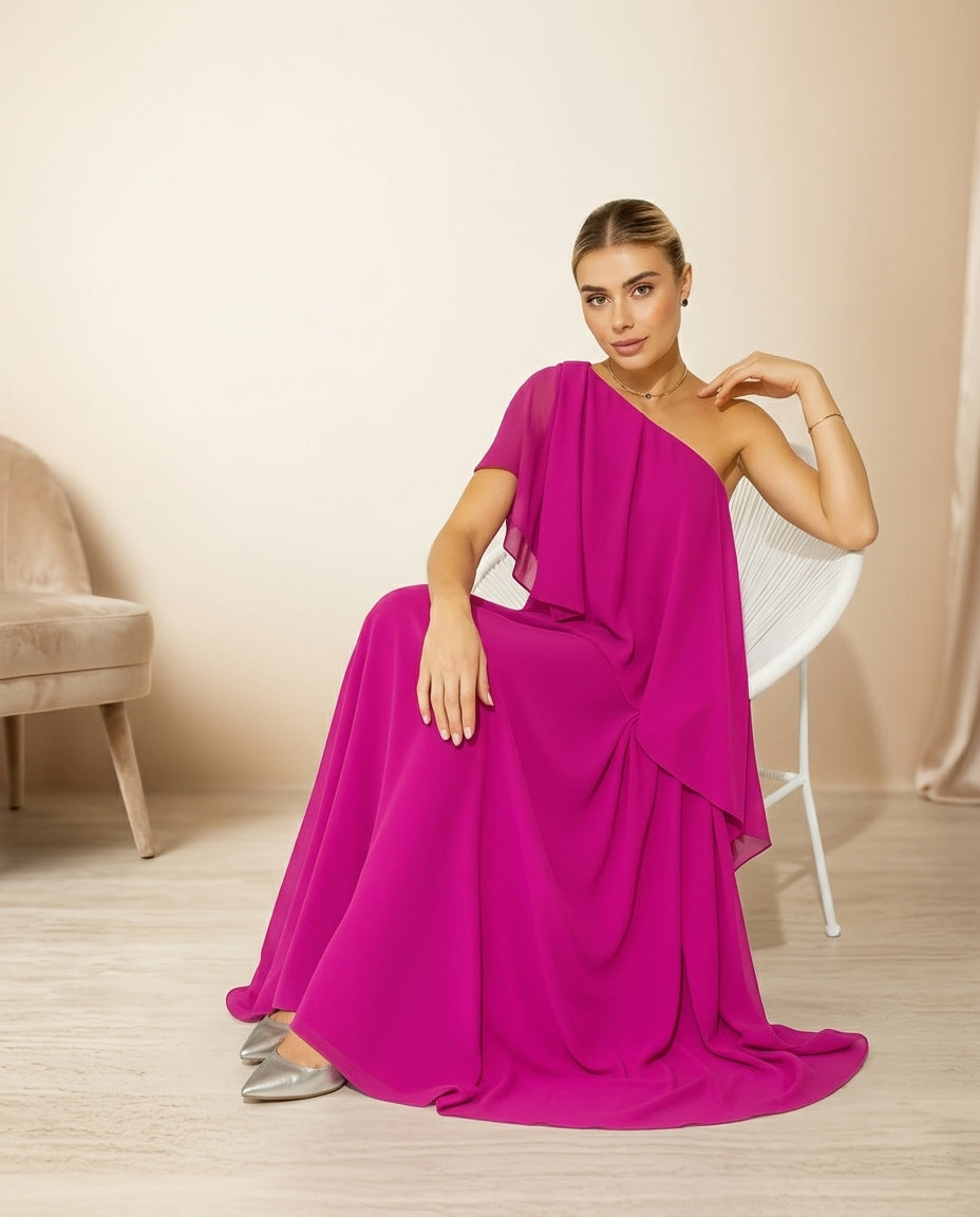 Vestido de fiesta Tribu con volantes en piso y hermosa asimetría muy liviano