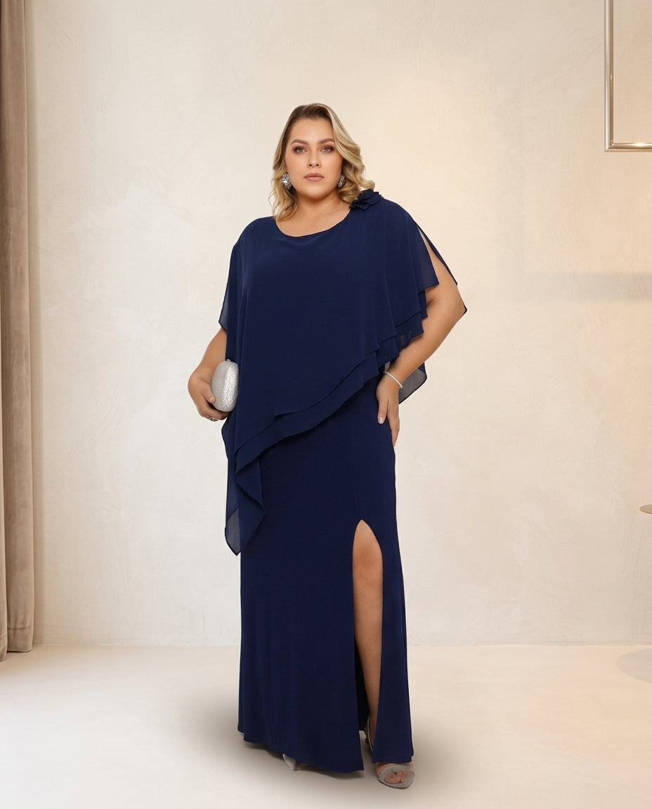 Vestido de fiesta Milena con capa y flor lateral , falda en seda fría capa en gasa