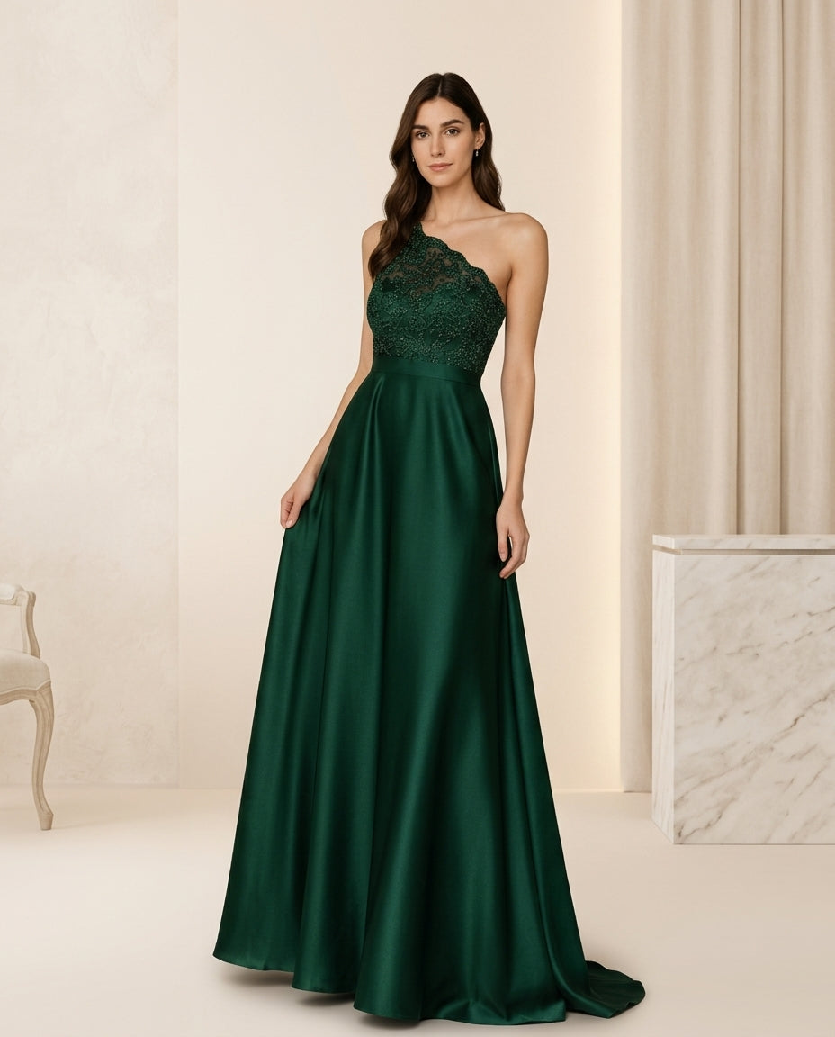 Vestido de fiesta Anastasia asimétrico en encaje y brillo sutil