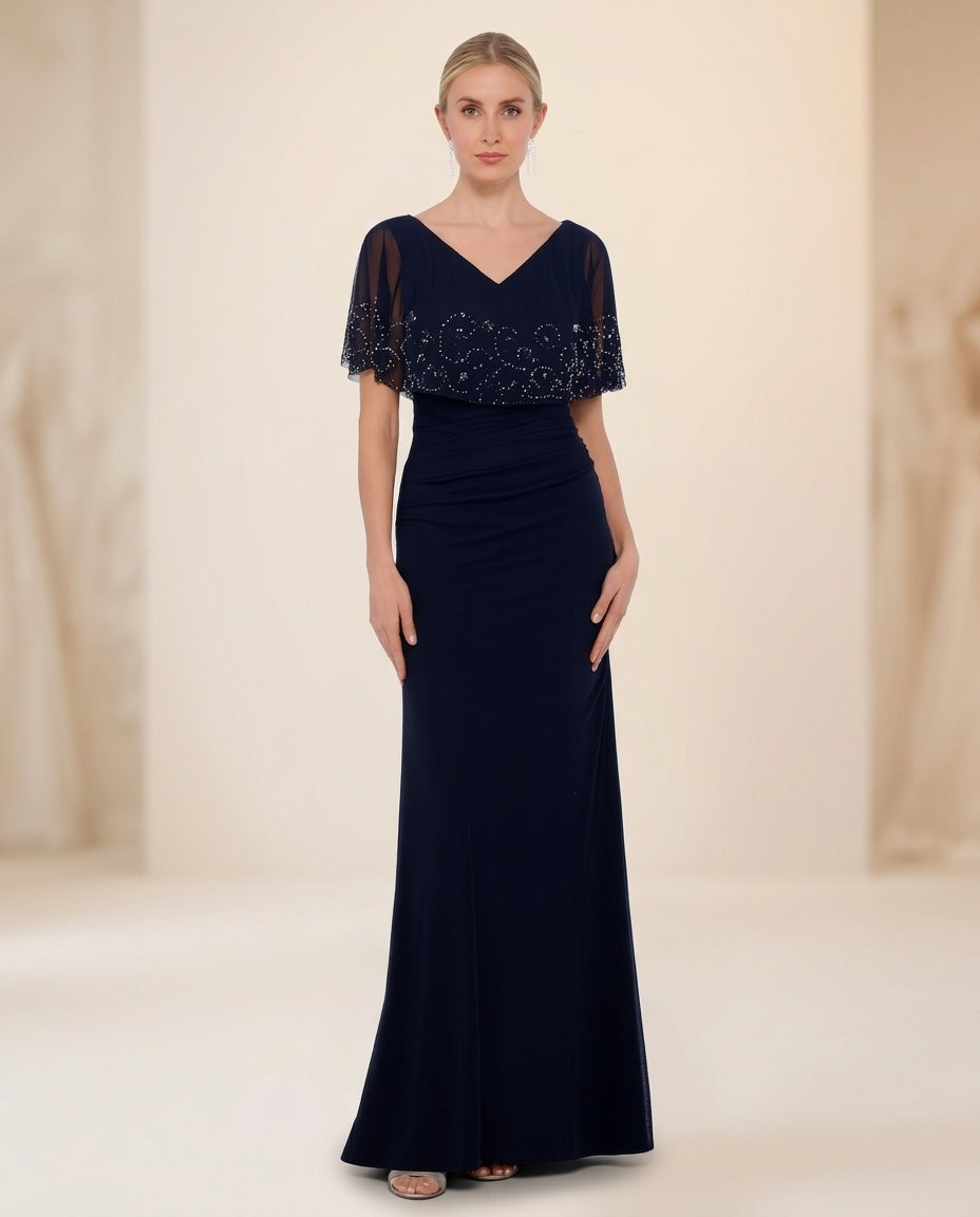 Vestido de fiesta Cristal con capita y aplicaciones en pedrería color azul talla 40