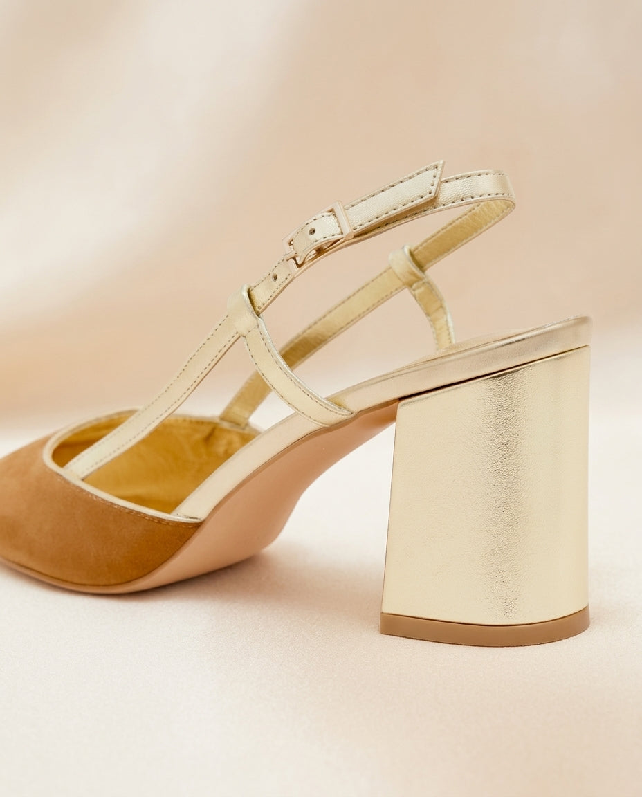 Zapato para fiesta Camel, tacon 8 cms procedencia España