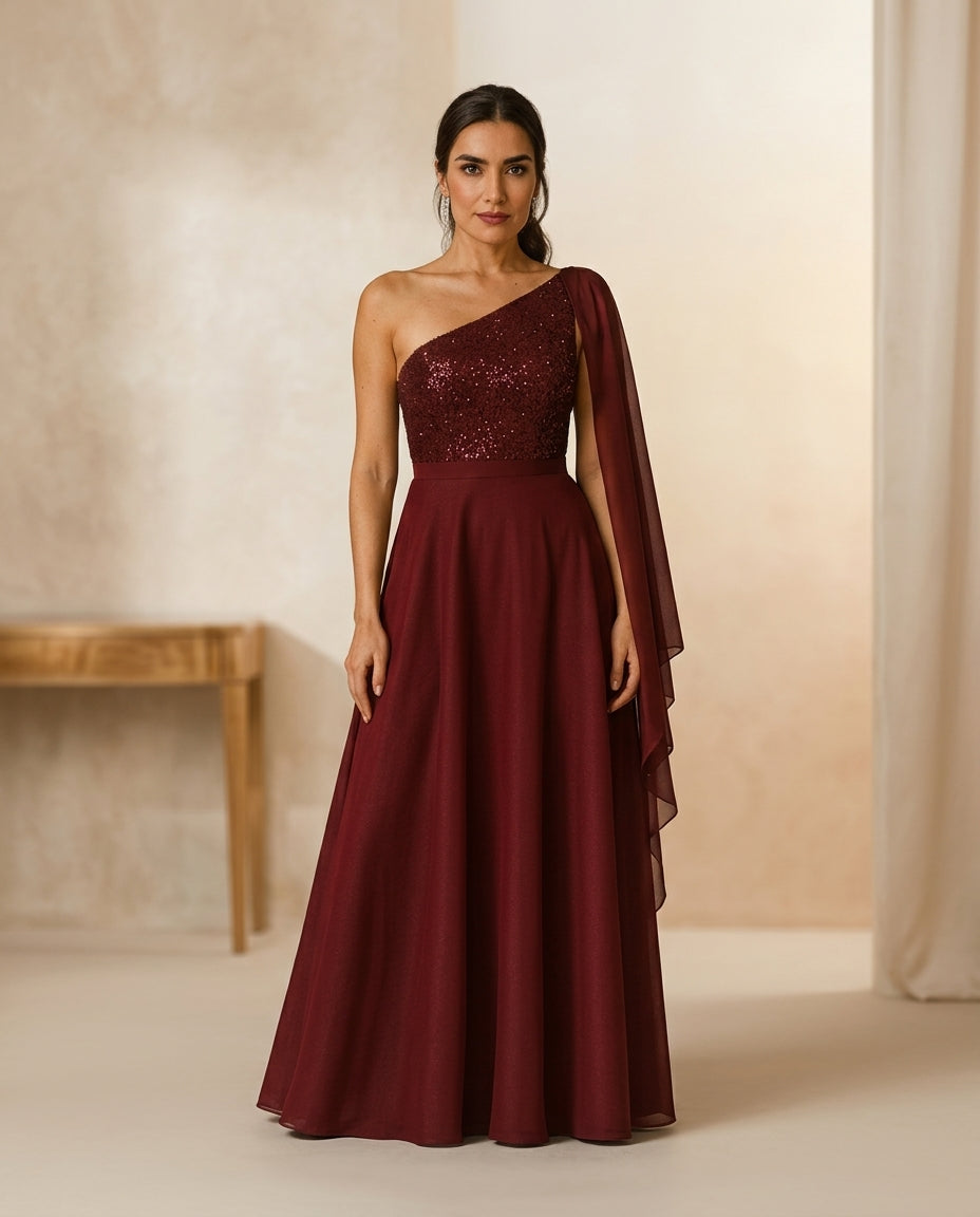 Vestido de fiesta melany asimétrico con manga capa ,brillos y glamour