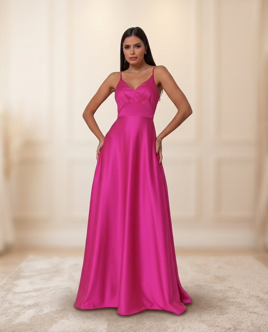 Vestido de fiesta Morin en raso y tirantes espagueti , espalda descubierta