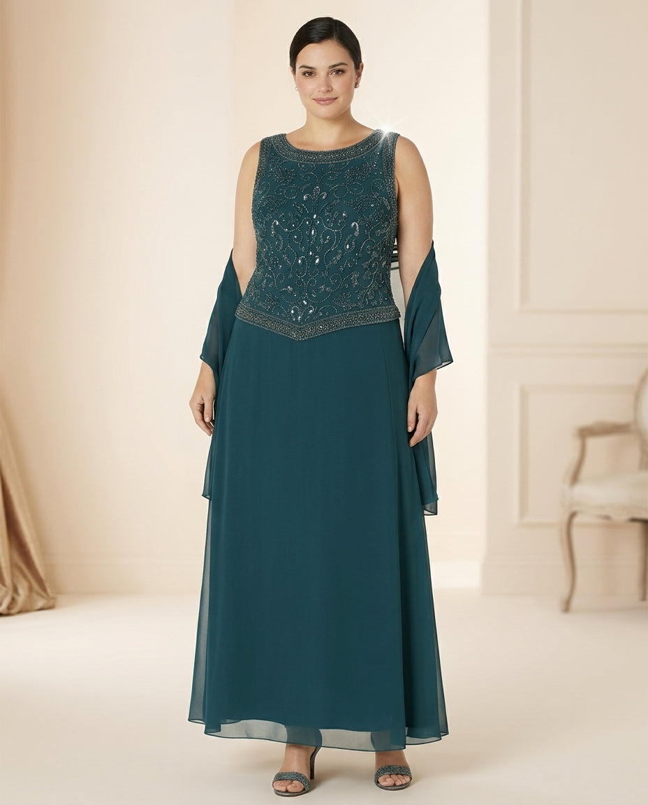 Vestido de fiesta Brigitte con brillo superior y falda en gasa y echarpe