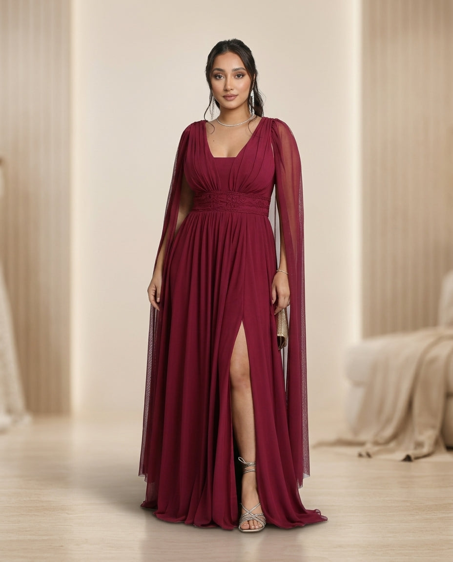 Vestido de fiesta Elisa  con manga ala y trenzado en la cintura