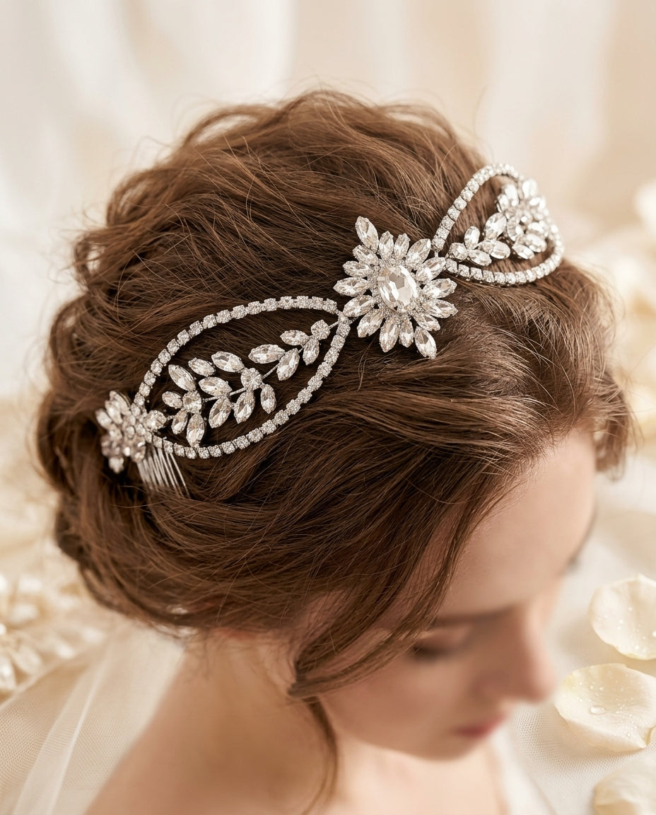 Tocado Ambar alargado con brillos y pedrería para moño o cabello tomado