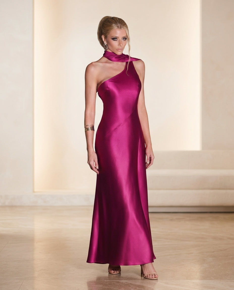 Vestido de fiesta Silvana en color fucsia y lazo elegante caída liviano