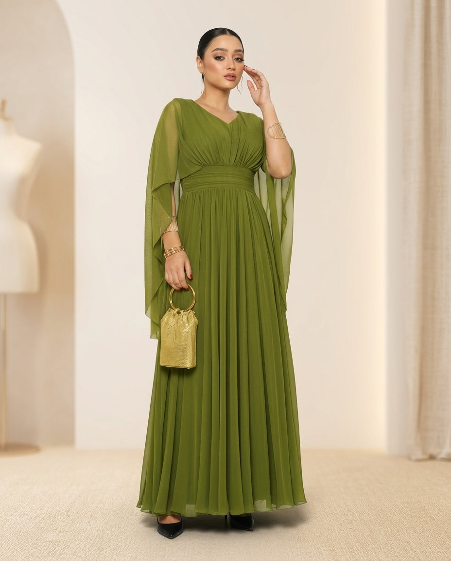 Vestido de fiesta Gaby ,drapeado en la cintura y manga ala muy liviano