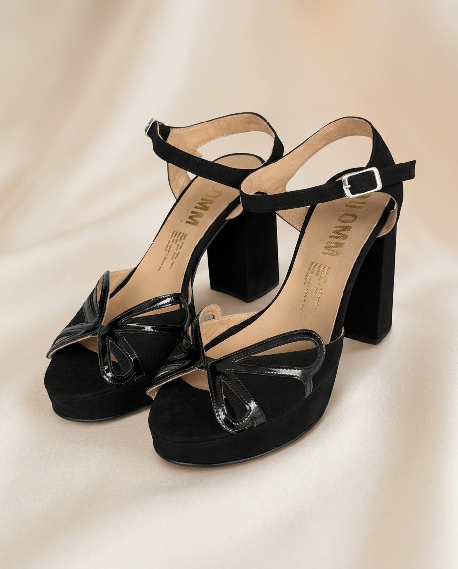 Sandalia de cuero para fiesta Narciso negro taco 9 cms y plataforma 2 cms, procedencia Argentina