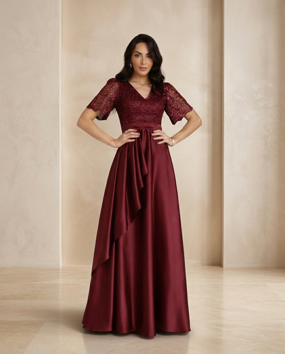 Vestido de fiesta Renata,falda de tela satinada y cuerpo de encaje