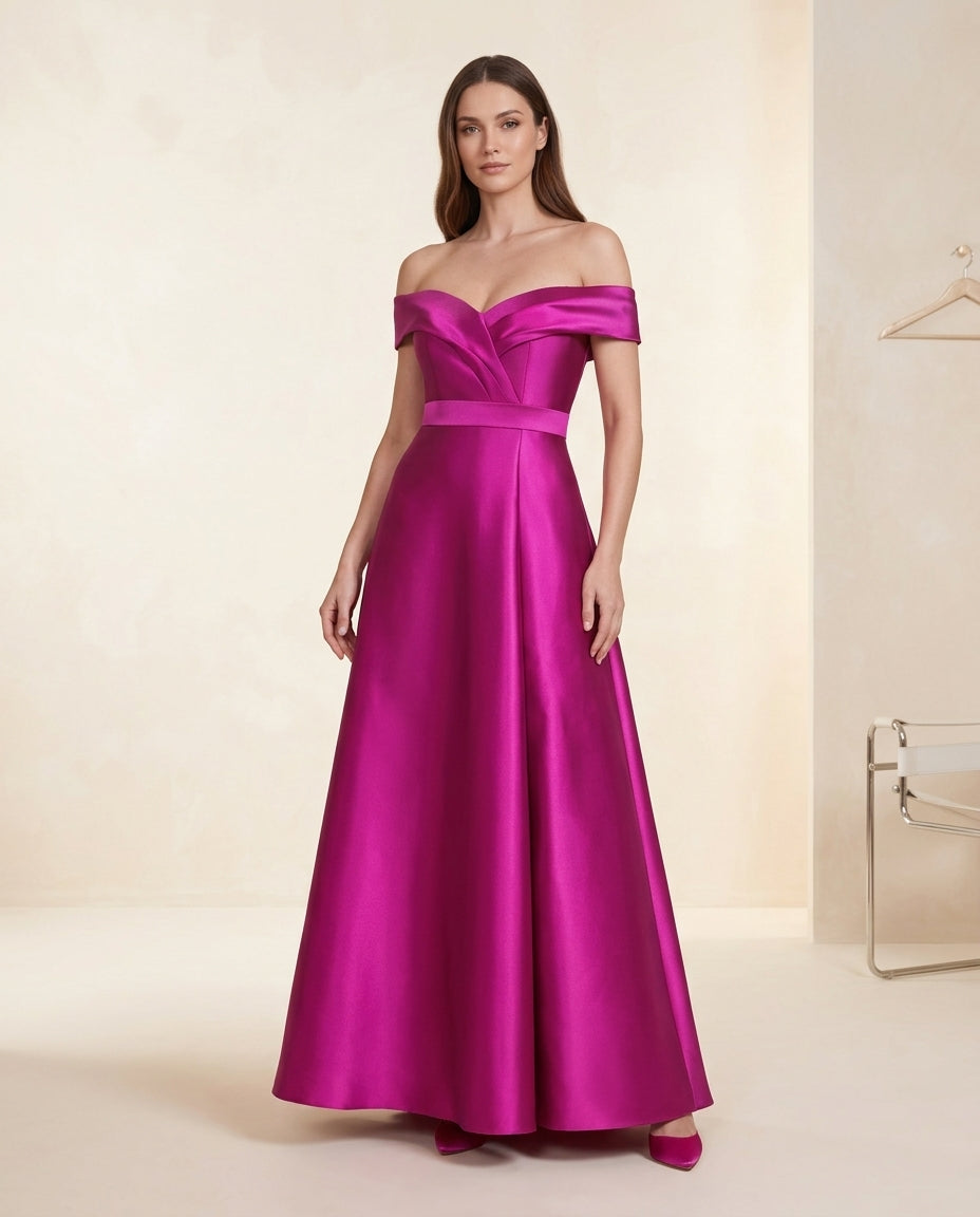 Vestido de fiesta Isidora tela satinada y hombros descubiertos