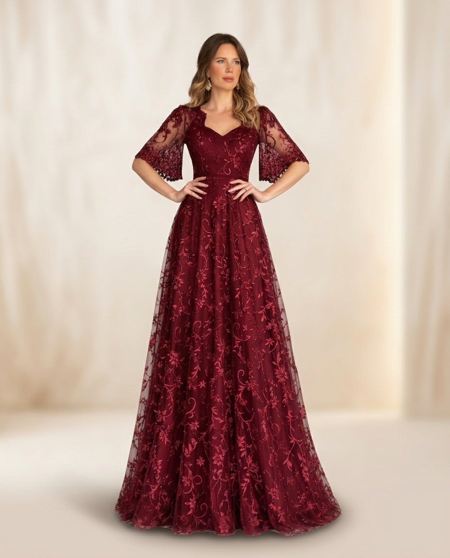 Vestido de fiesta María en tela bordada y mangas acampanadas