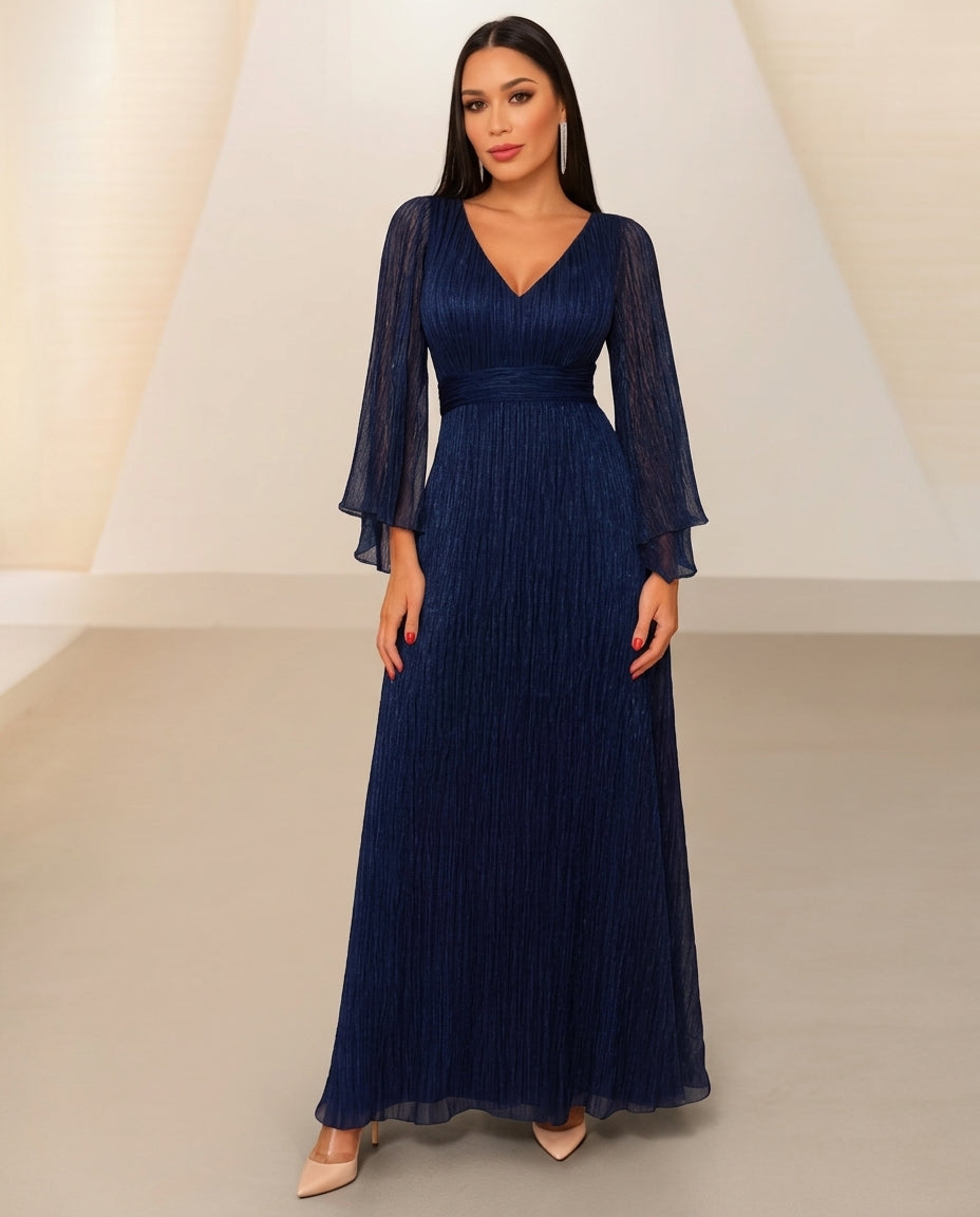 Vestido de fiesta Sonia con mangas y escote en V muy liviano , elegante, brillo sutil