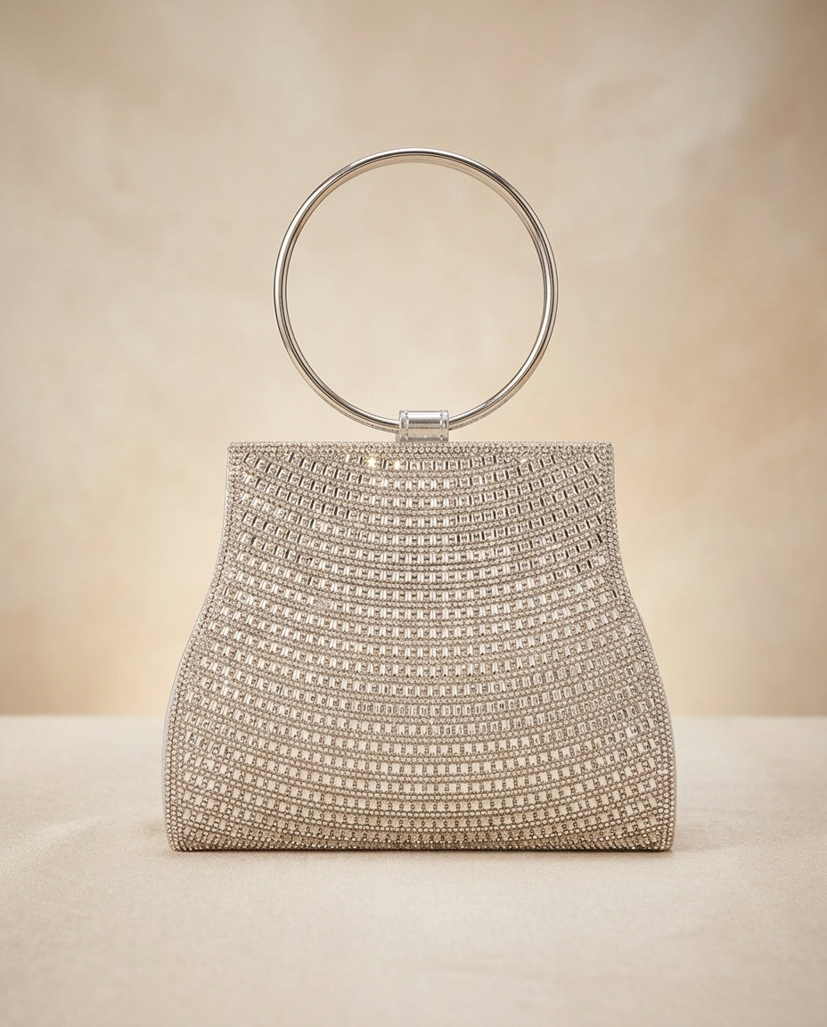 Bolso de fiesta Platino en tonos plateados con mango y cadena para colgar