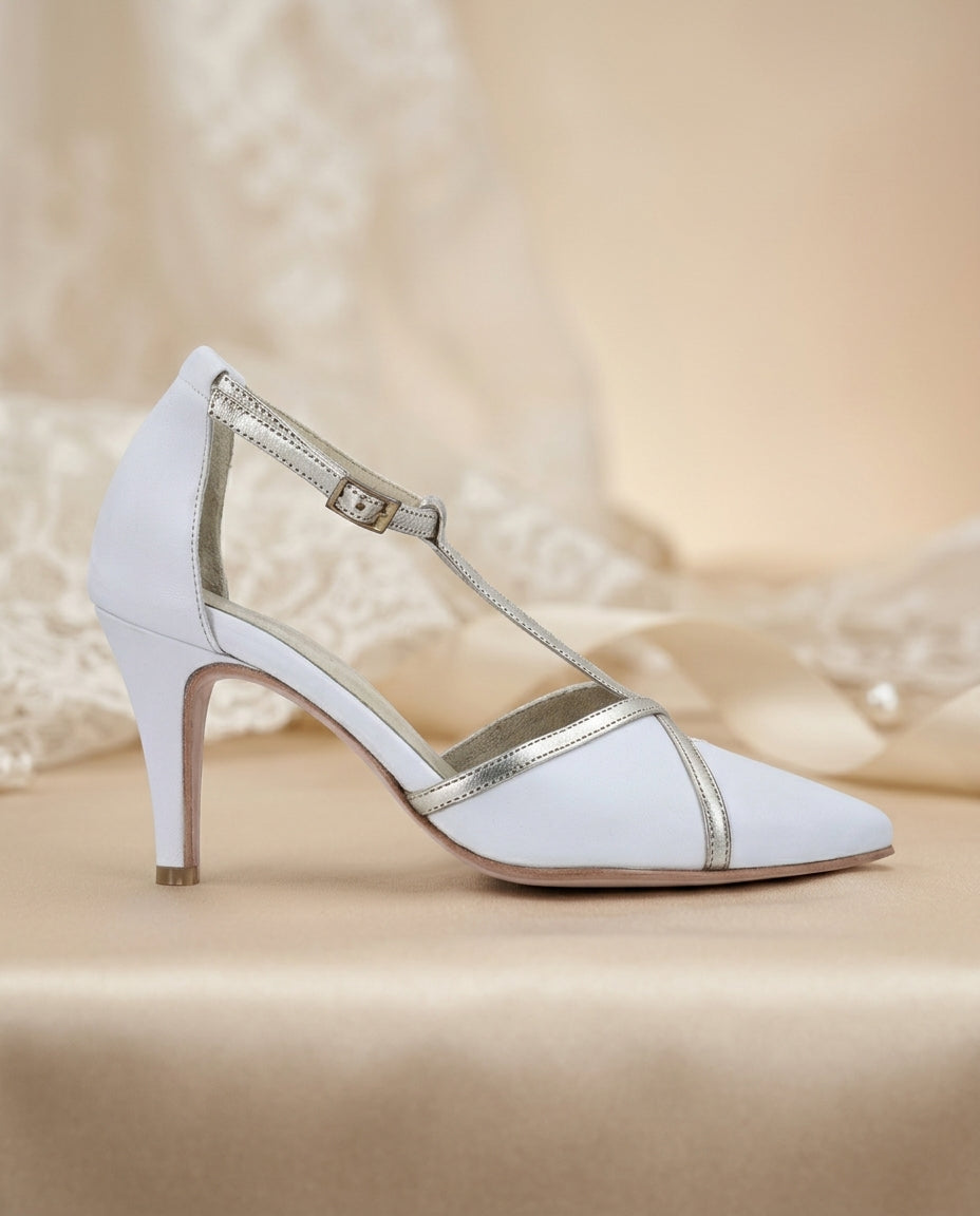 Sandalia de cuero para novias y fiesta Amber, taco de 7 cms procedencia Argentina