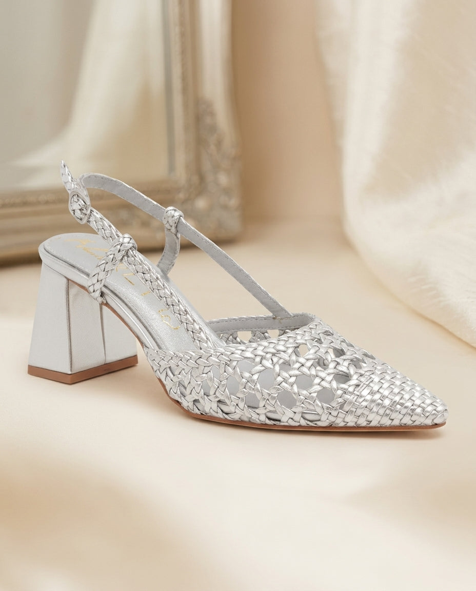 Sandalia para novia y fiesta  canasto, taco 8 cms, sin talon, procedencia España