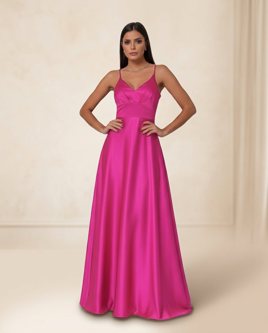 Vestido de fiesta Morin en raso y tirantes espagueti , espalda descubierta