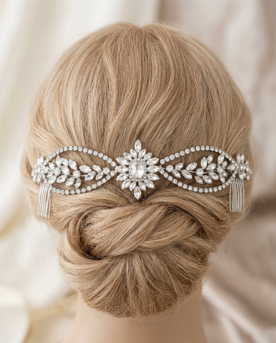Tocado Ambar alargado con brillos y pedrería para moño o cabello tomado