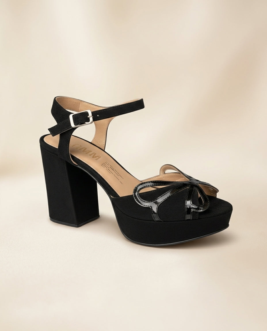 Sandalia de cuero para fiesta Narciso negro taco 9 cms y plataforma 2 cms, procedencia Argentina