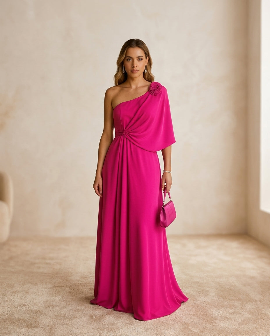 Vestido de fiesta Emma en gasa y tela satinada corte asimétrico gran versatilidad