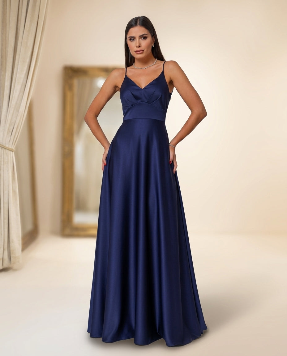 Vestido de fiesta Morin en raso y tirantes espagueti , espalda descubierta