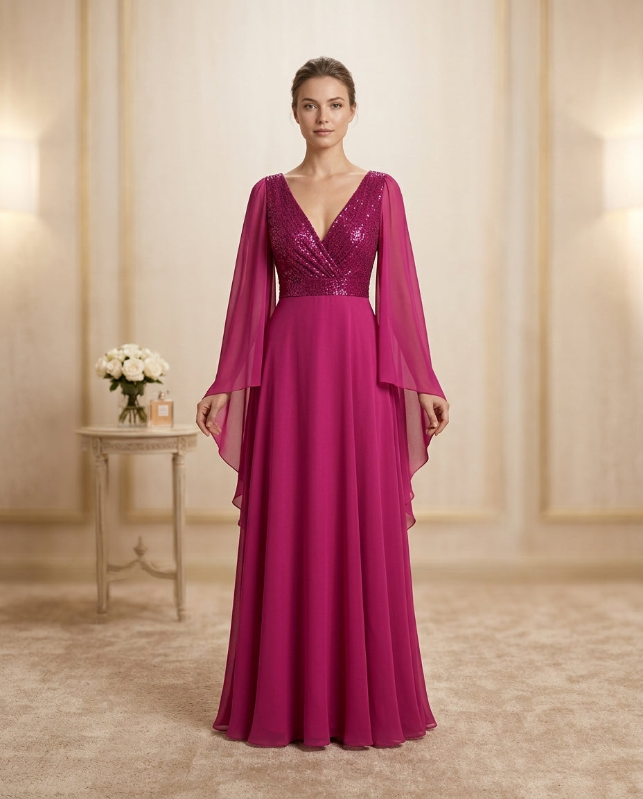 Vestido de fiesta Endora con aplicación sutil en brillo y mangas mucielago