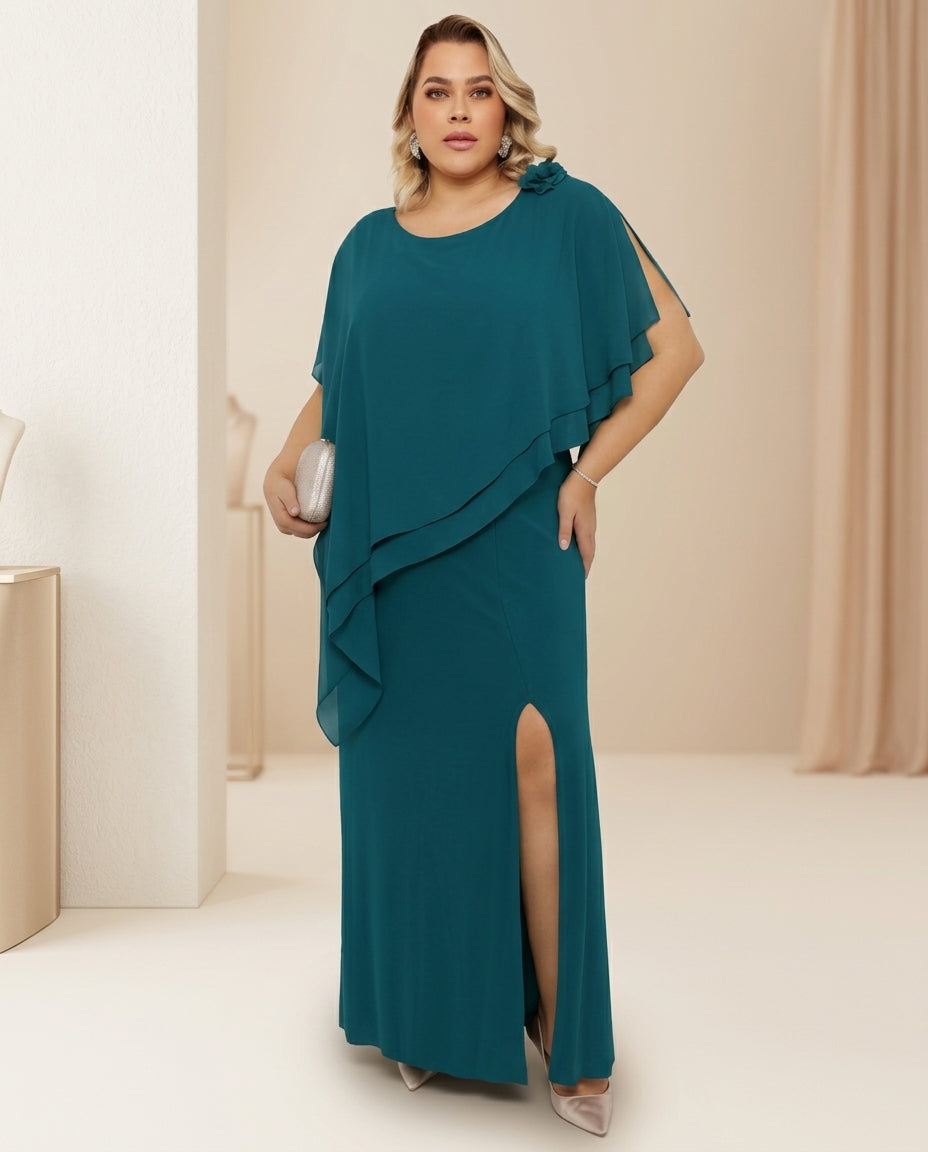 Vestido de fiesta Milena con capa y flor lateral , falda en seda fría capa en gasa