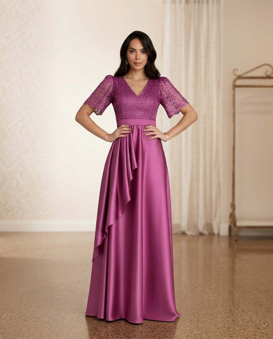 Vestido de fiesta Renata,falda de tela satinada y cuerpo de encaje