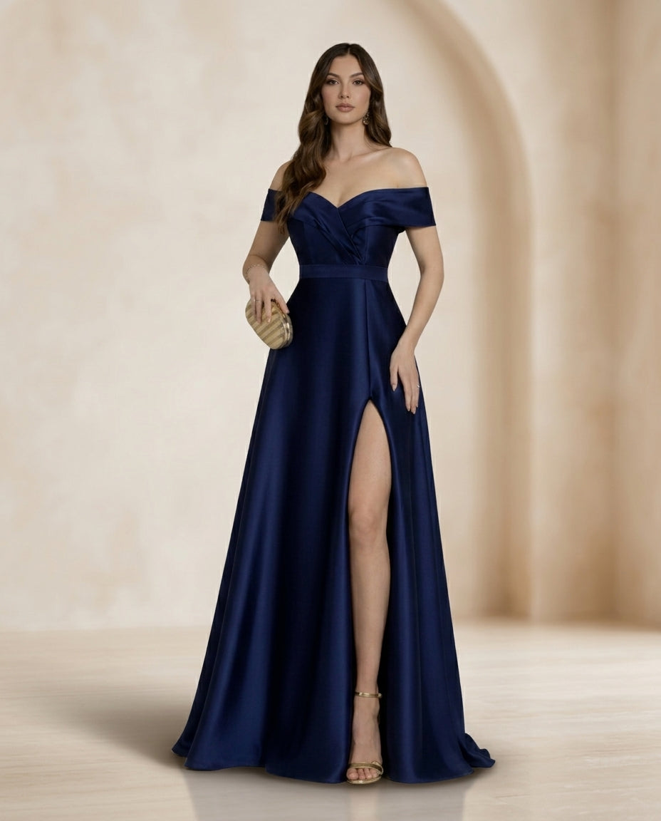 Vestido de fiesta Isidora tela satinada y hombros descubiertos