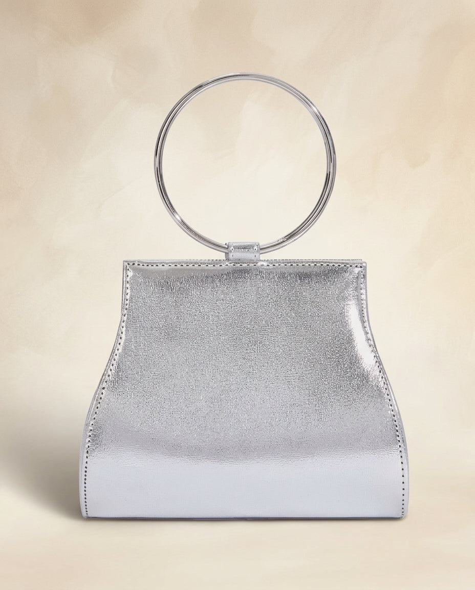 Bolso de fiesta Platino en tonos plateados con mango y cadena para colgar