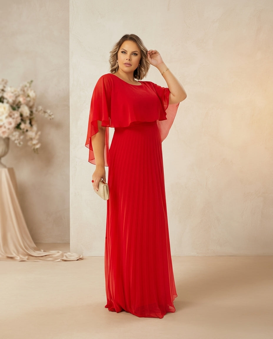 Vestido de fiesta Muriel con capita y falda plisada escote redondo