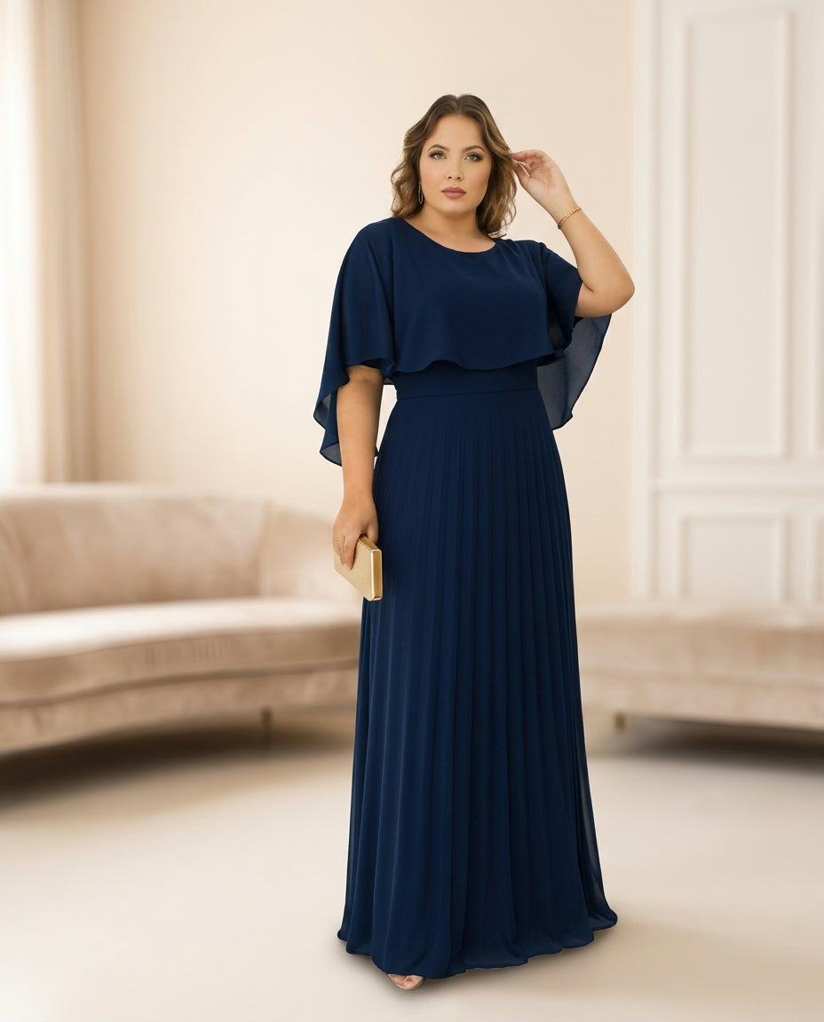 Vestido de fiesta Muriel con capita y falda plisada escote redondo