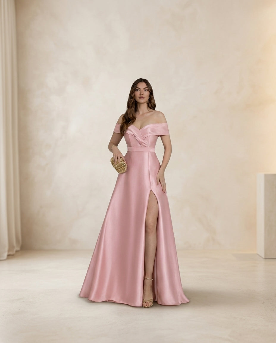 Vestido de fiesta Isidora tela satinada y hombros descubiertos