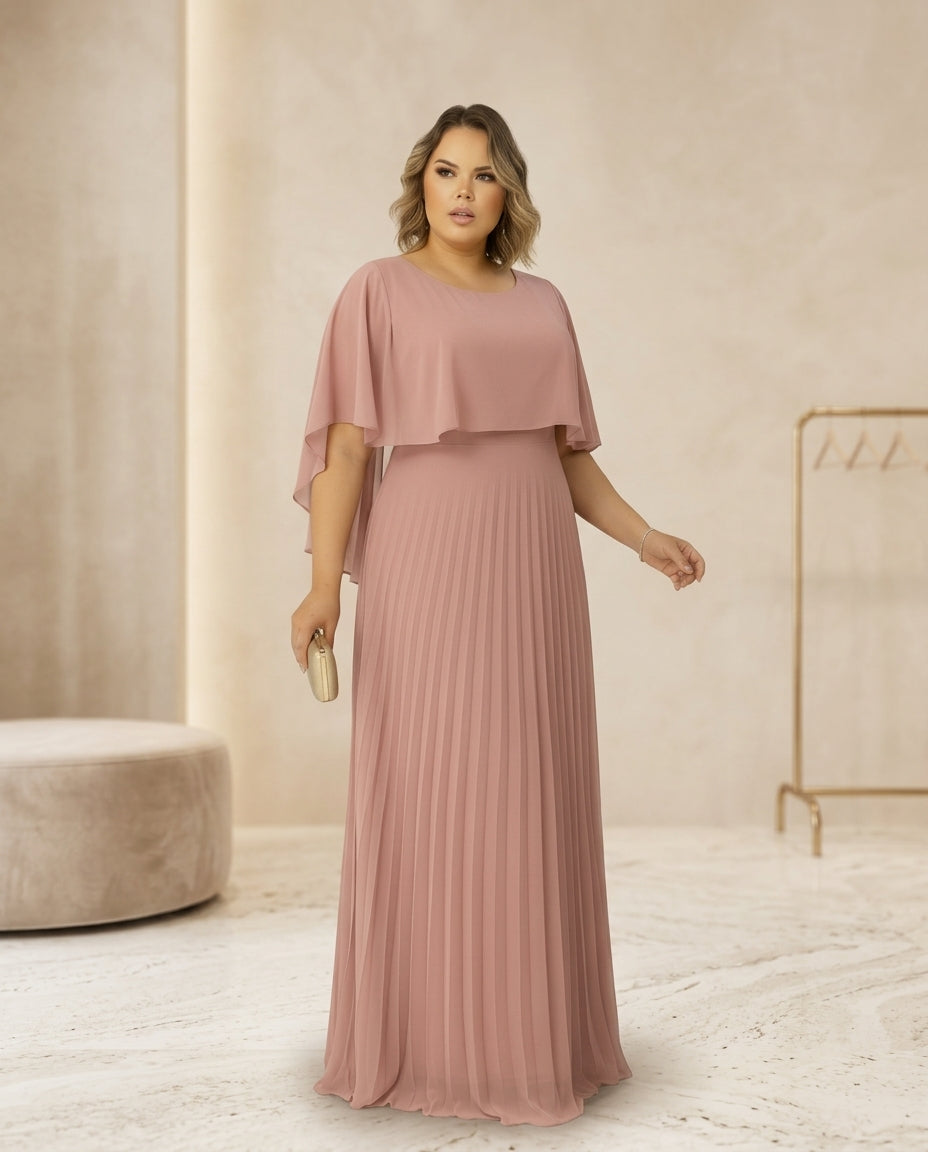 Vestido de fiesta Muriel con capita y falda plisada escote redondo