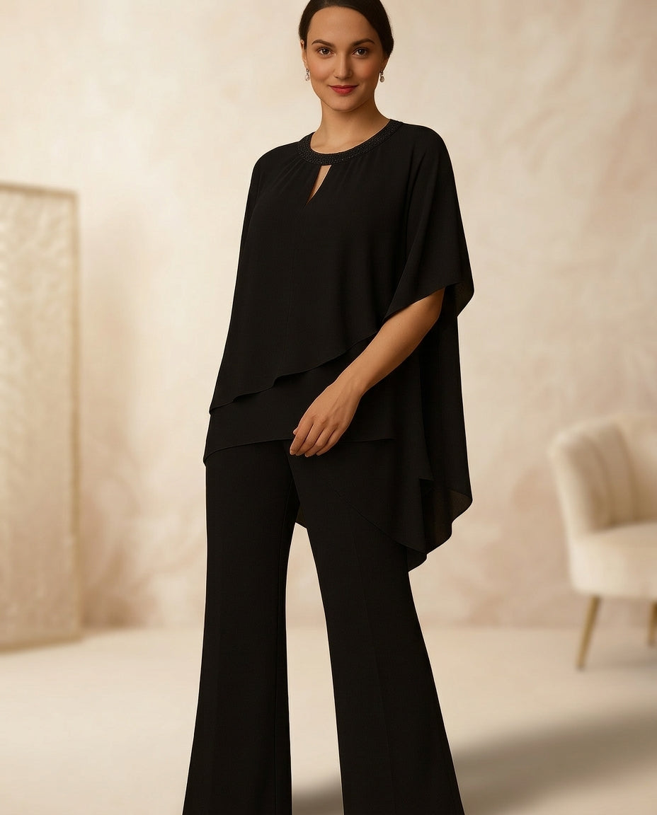 Traje de fiesta Berta  en 2 piezas con aplicaciones de pedrería en el cuello