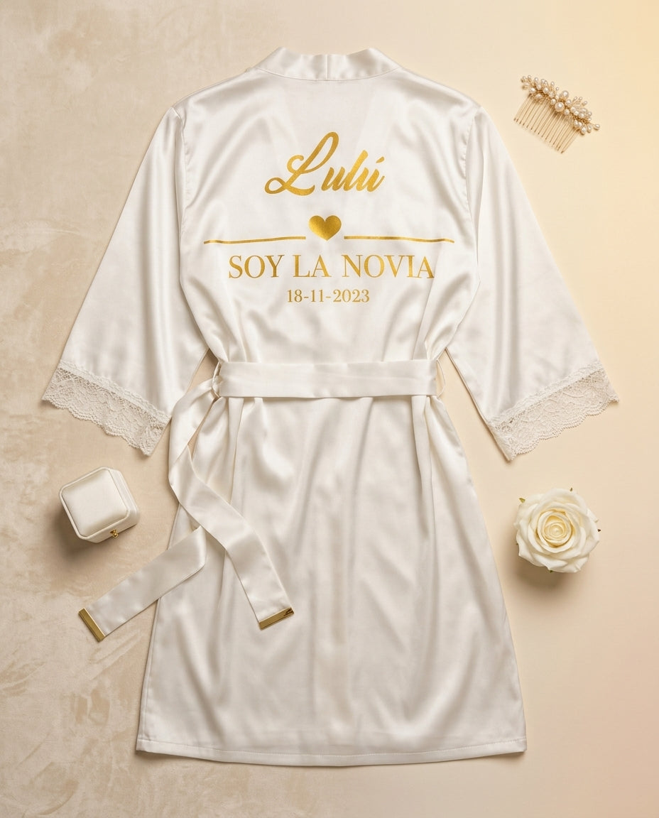 Bata de Satin con encaje personalizada o sin personalizar,fina y elegante