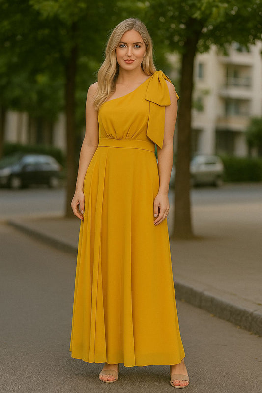 VESTIDO DE FIESTA BELLA ASIMETRICO Y ROSON