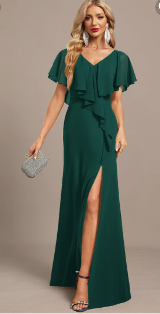 VESTIDO DE FIESTA  EMMA DE GASA Y CON VOLANTES ,CON ESCOTE EN V