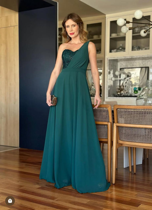 VESTIDO DE FIESTA CLOEAU ASIMETRICO EN TONO VERDE