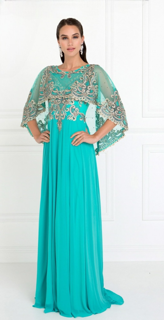 VESTIDO DE FIESTA ANAHY EN COLOR TURQUESA CON CAPA Y APLICACIONES DORADAS
