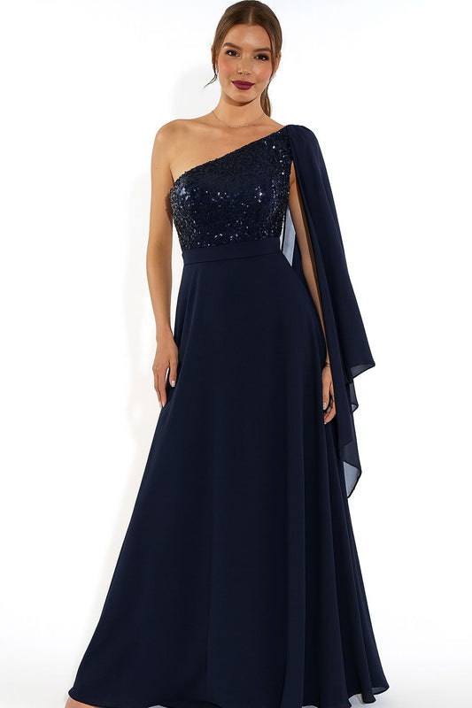 VESTIDO DE FIESTA MELANIA ASIMETRICO EN COLOR AZUL CON LENTEJUELAS TALLA 40
