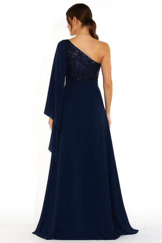VESTIDO DE FIESTA MELANIA ASIMETRICO EN COLOR AZUL CON LENTEJUELAS TALLA 40