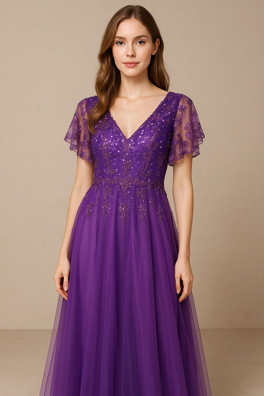 VESTIDO DE FIESTA RENATA EN GASA Y TUL COLOR MORADO Y APLIQUES