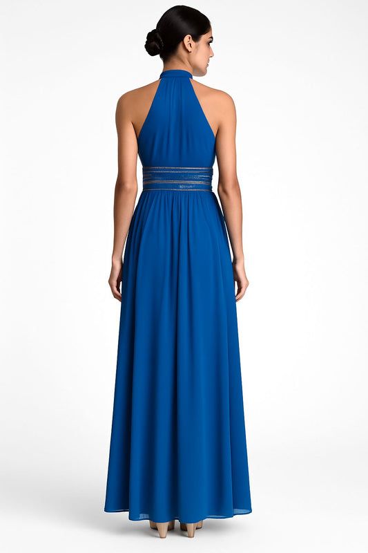 VESTIDO DE FIESTA  ANDREW CUELLO HALTER CON APLICACIONES EN LA CINTURA
