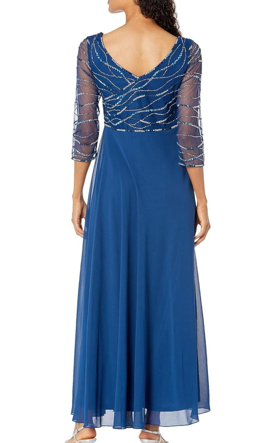 VESTIDO  DE FIESTA JOY EN AZUL PETROLEO ,MANGAS LARGAS Y APLICACIONES