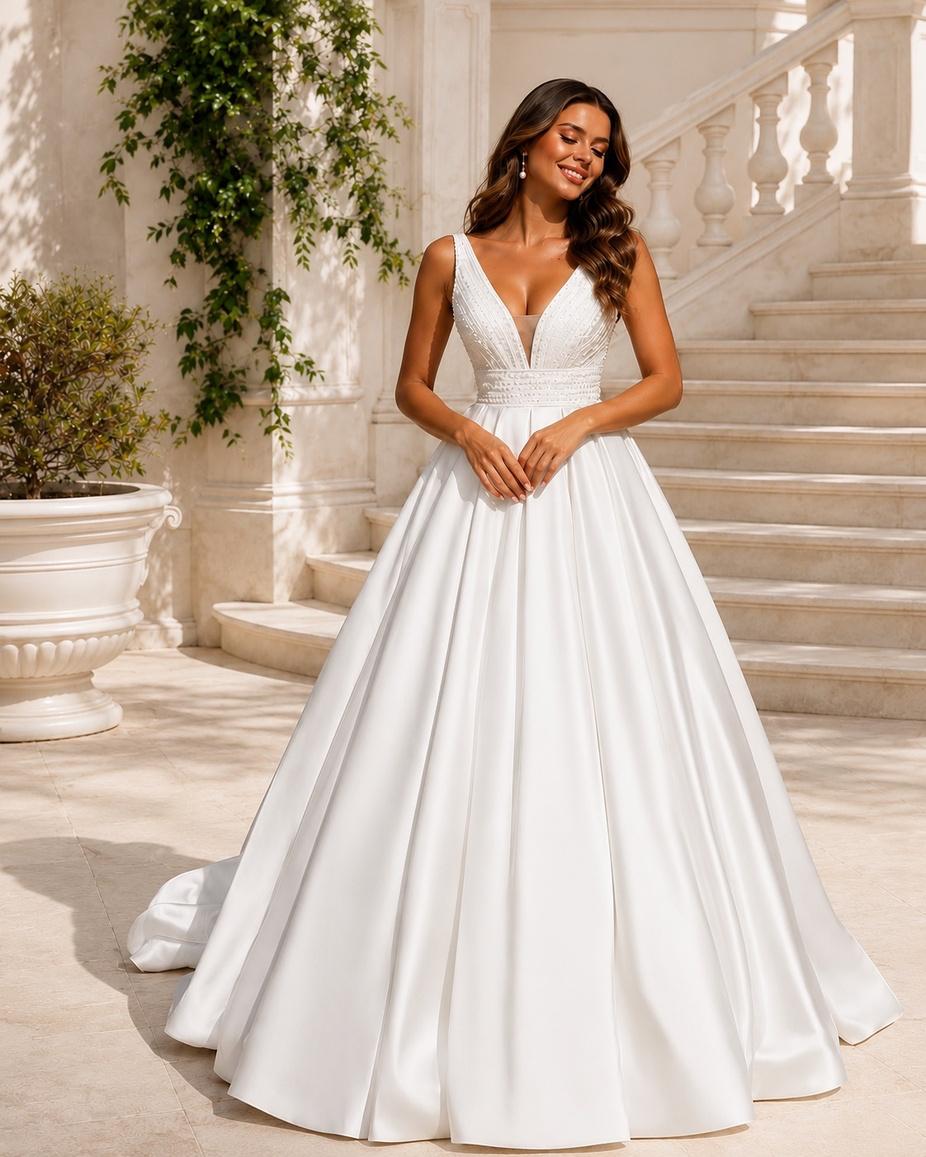 Vestido de Novia Cala Corte A de Satín con Escote Profundo y brillo