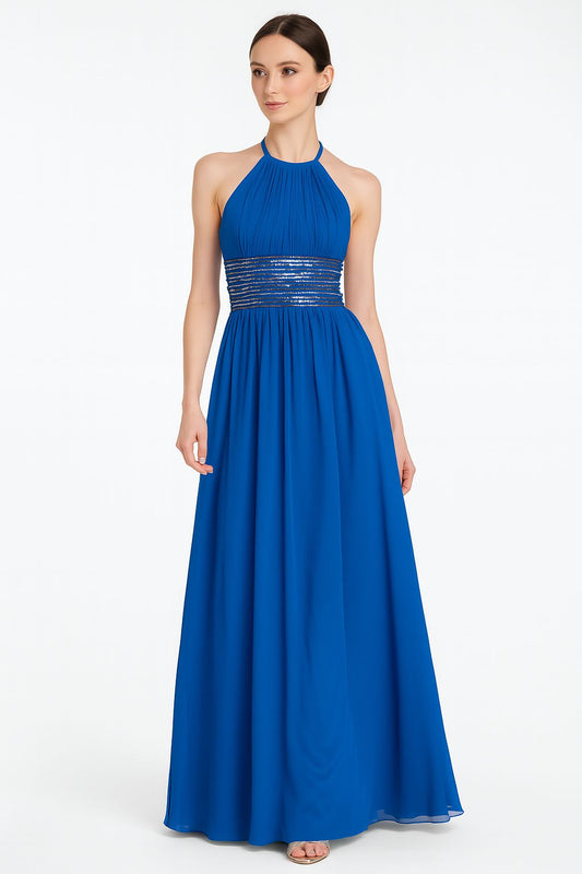 VESTIDO DE FIESTA  ANDREW CUELLO HALTER CON APLICACIONES EN LA CINTURA