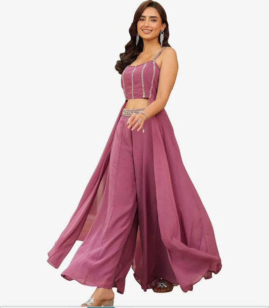 TRAJE  CONJUNTO DE FIESTA ESTILO BOHEMIO EN COLOR MALVA CON APLICACIONES