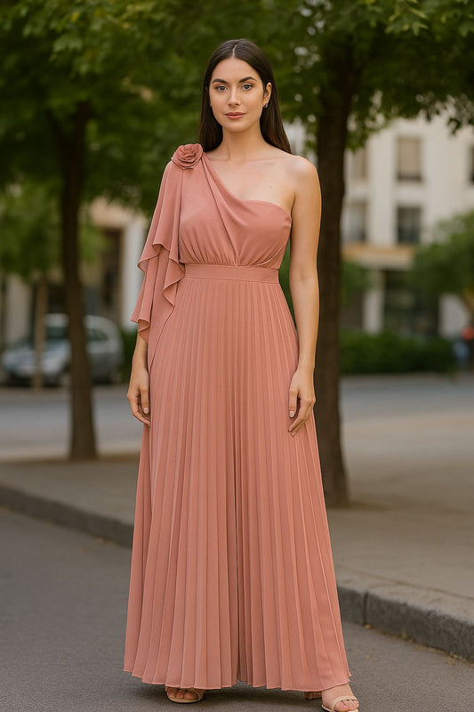 VESTIDO DE FIESTA ALONDRA CORTE  ASIMETRICO, FALDA DE GASA PLISADA